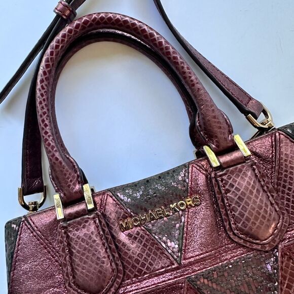 Michael Kors Adele Crossbody in Merlot Burgundy Metallic Snakeskin Patchwork - Picture 9 of 16